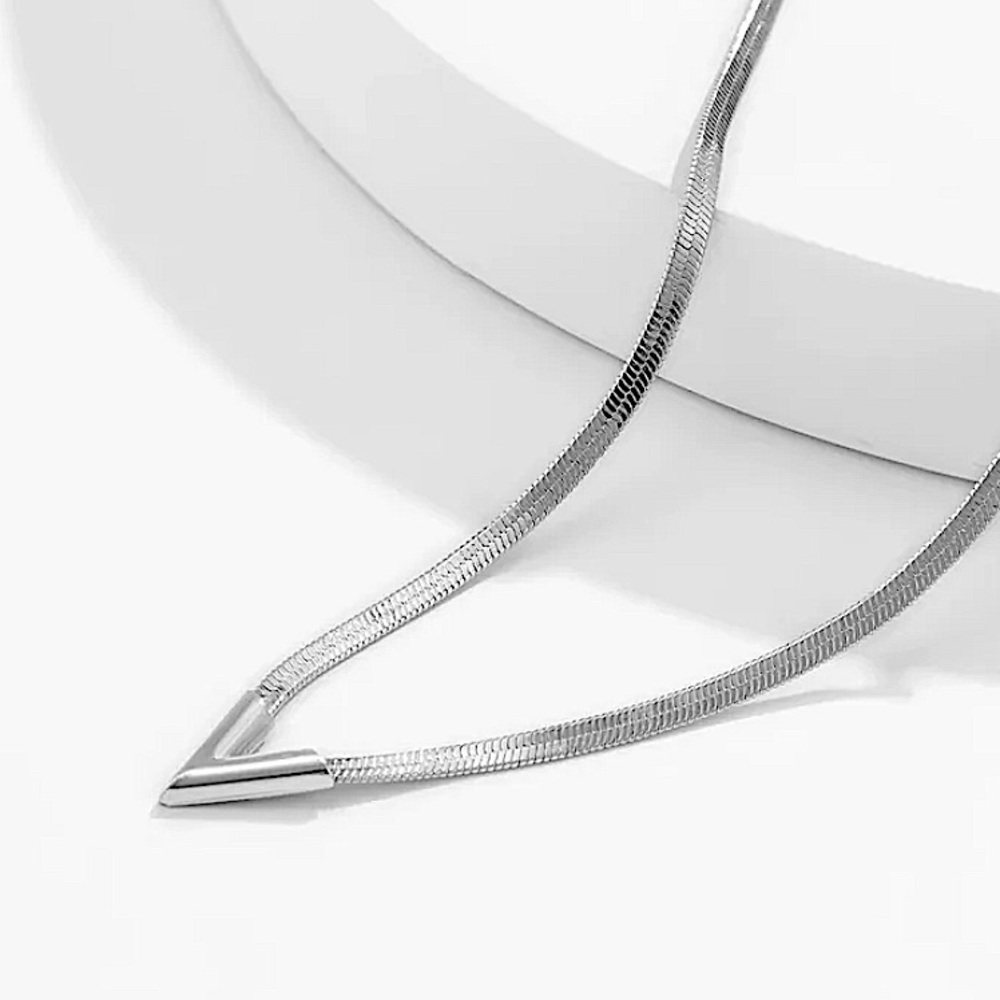 Sterling Silver V Shaped Necklace Flat Clavicle Herringbone Choker - Picture 5 of 8